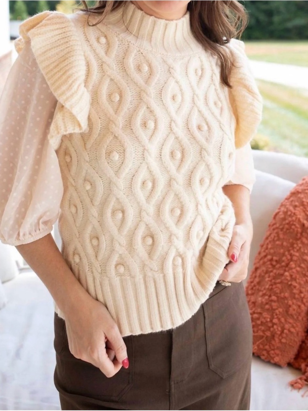 Cream Cable Knit Ruffle-Sleeve Turtleneck Sweater - Women's
